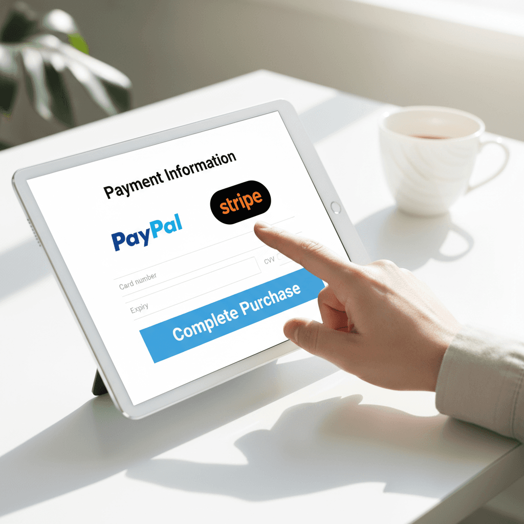 Hand tapping payment button on a tablet