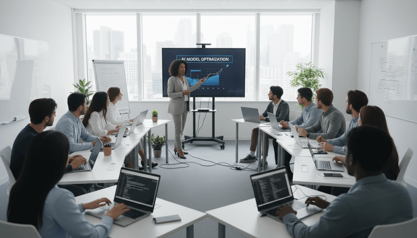 AI training instructor teaching students at computers in a professional classroom setting