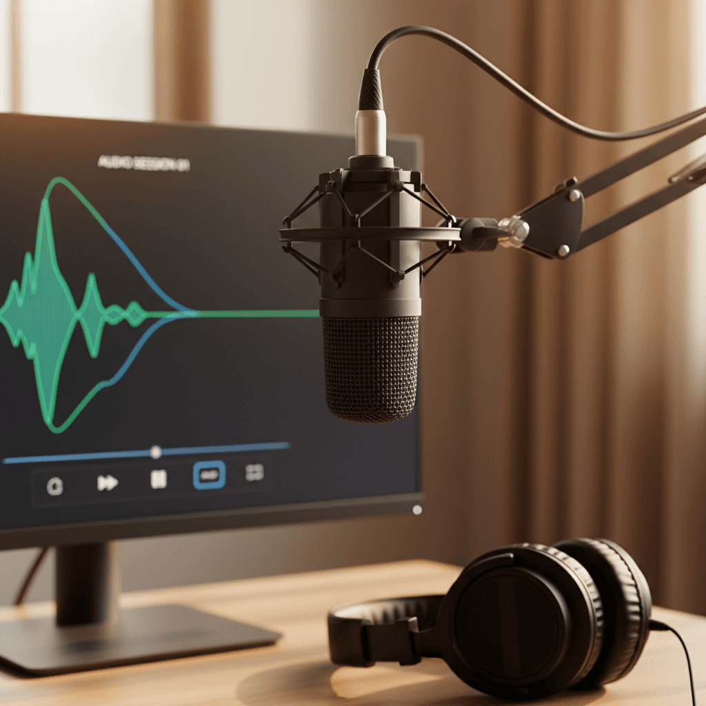 Voiceover recording setup with microphone and audio software