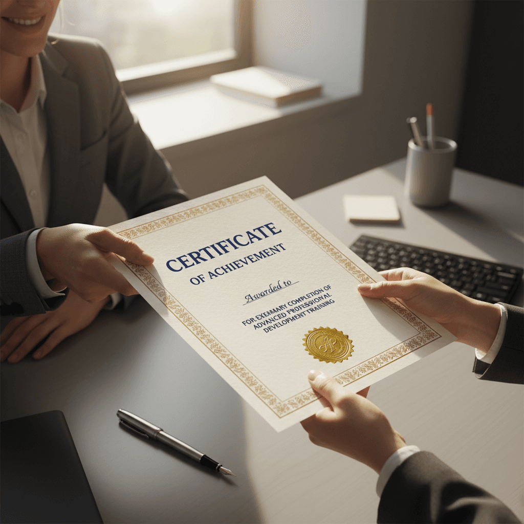 Student holding AI training certificate