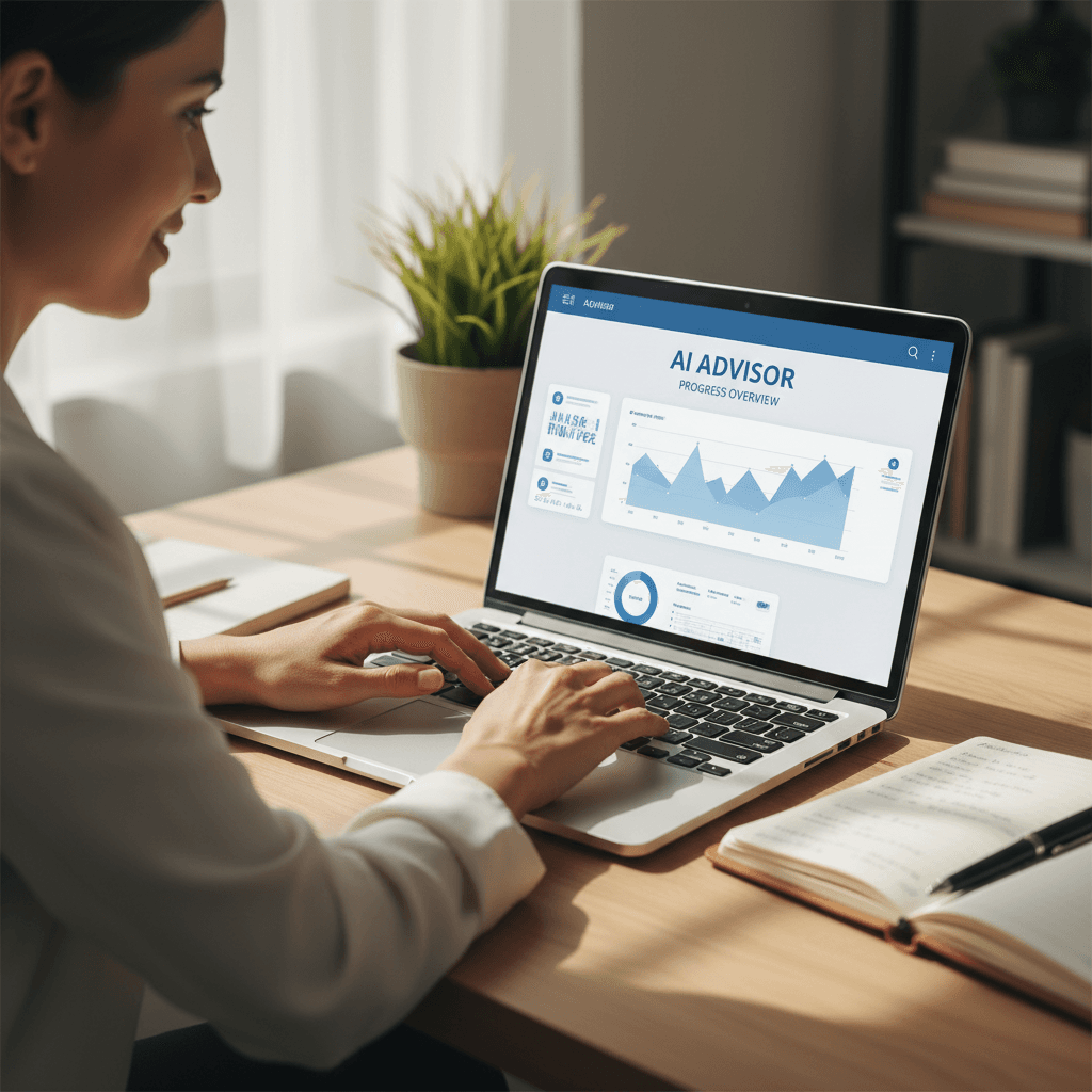 Professional using AI software at modern office desk