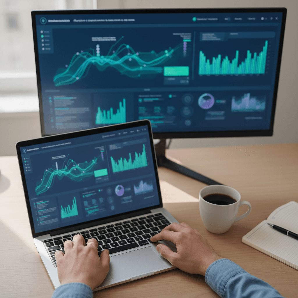 AI software interface on laptop screen with data visualization