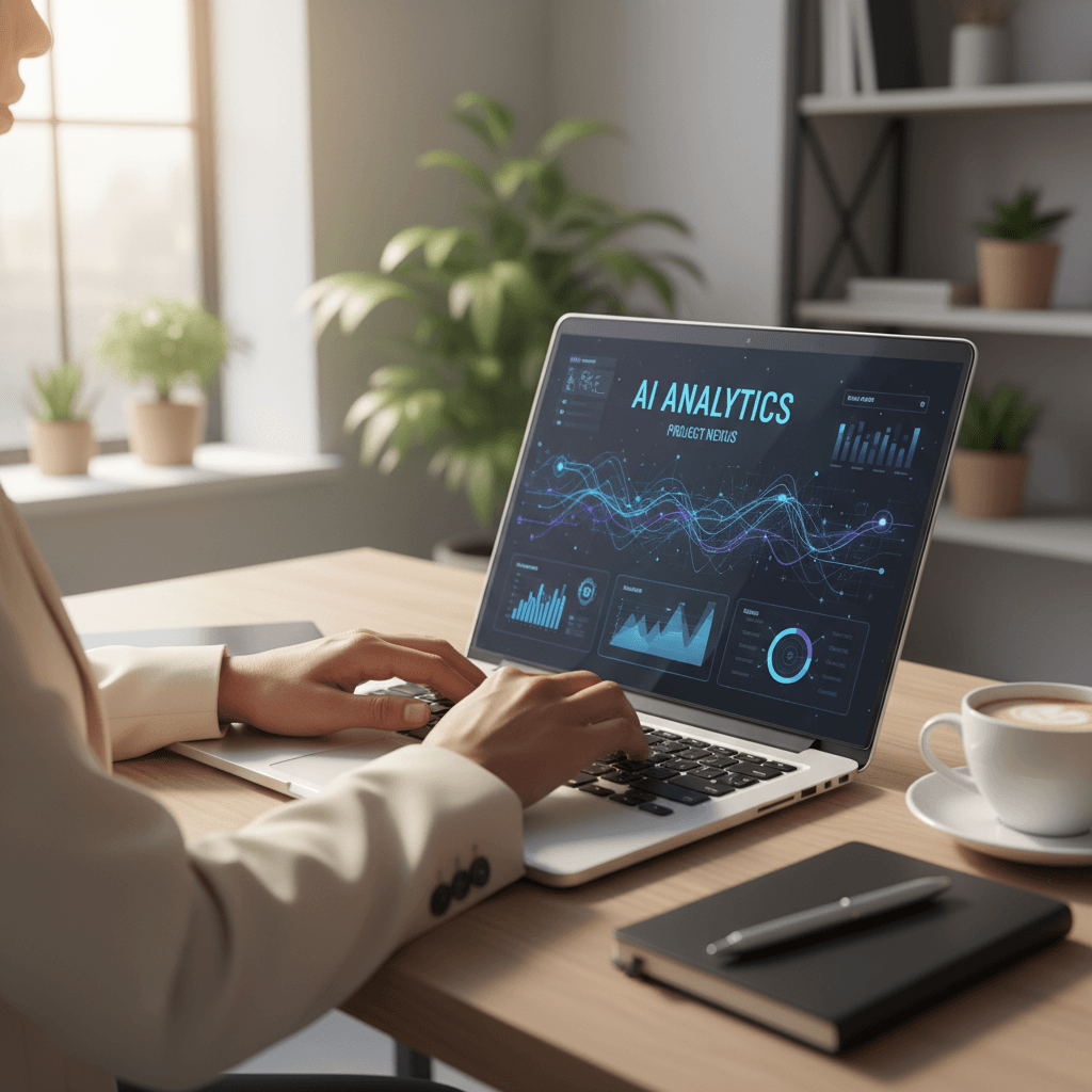 Professional working with AI software on laptop