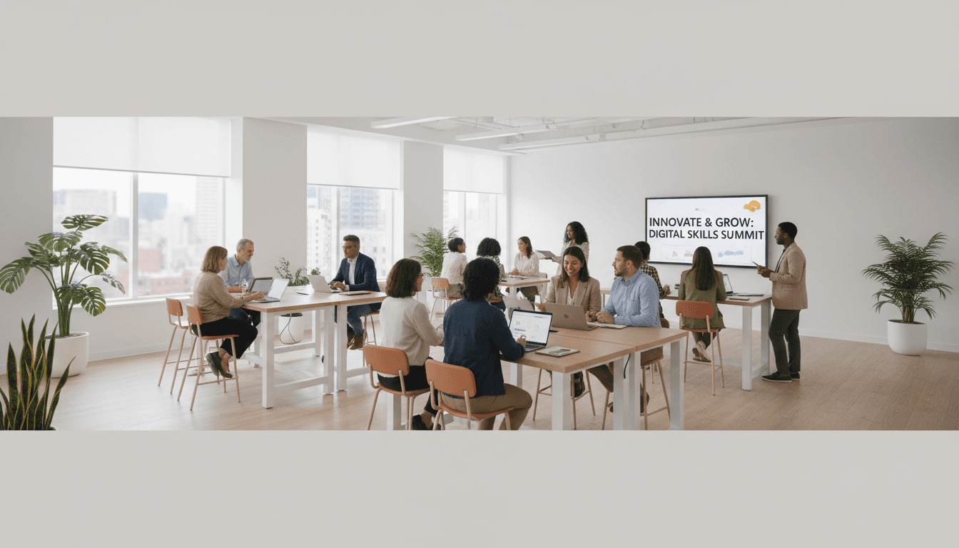 Group of learners collaborating during interactive AI training session