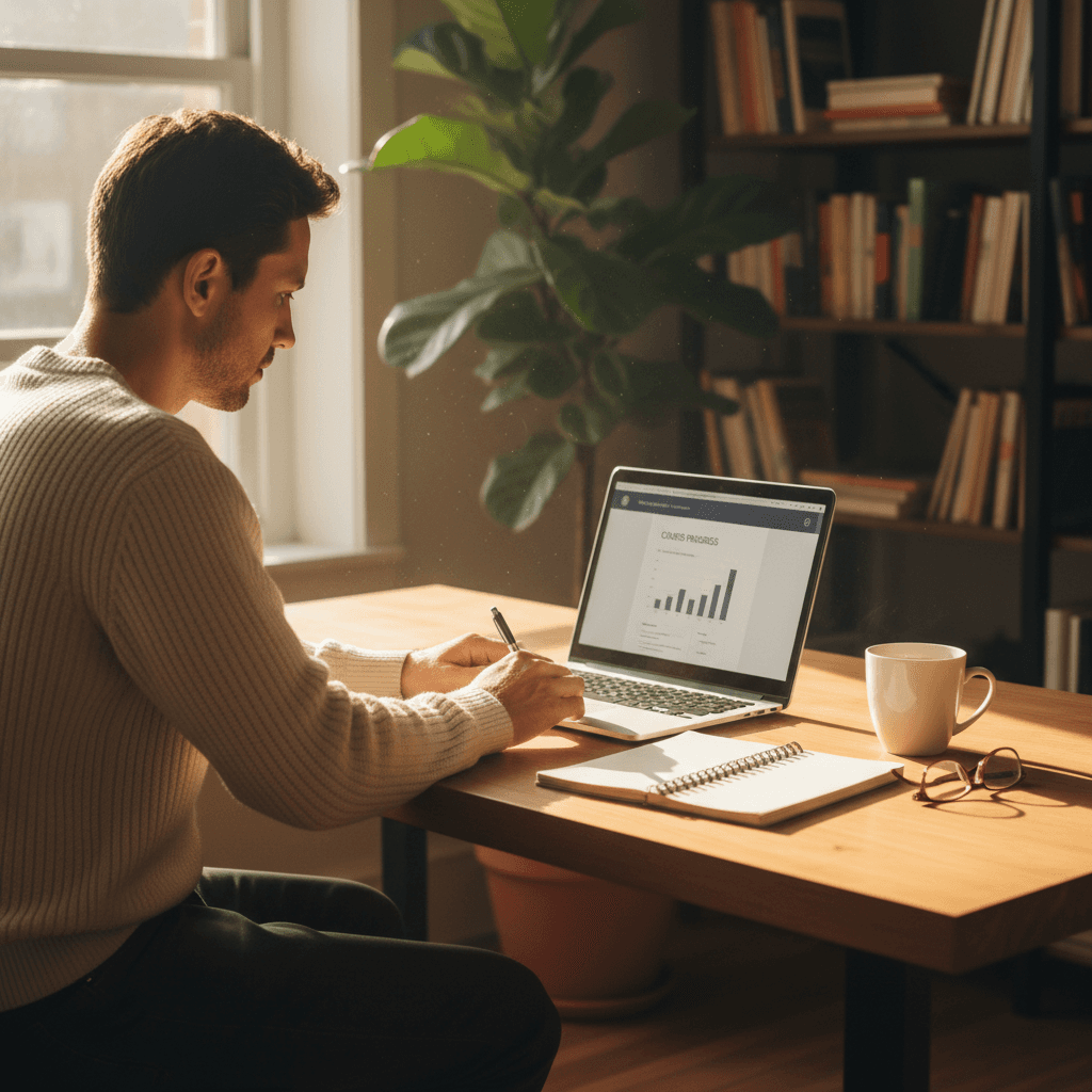 Learner wearing headphones focused on video AI training module