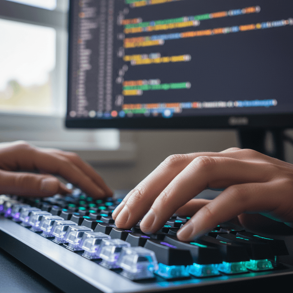 Hands typing code during advanced AI programming module