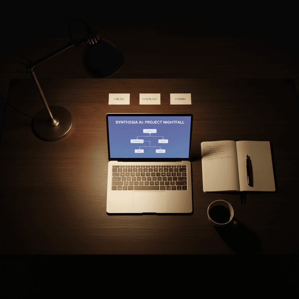 Tablet showing AI software interface on wooden desk with notebook and coffee