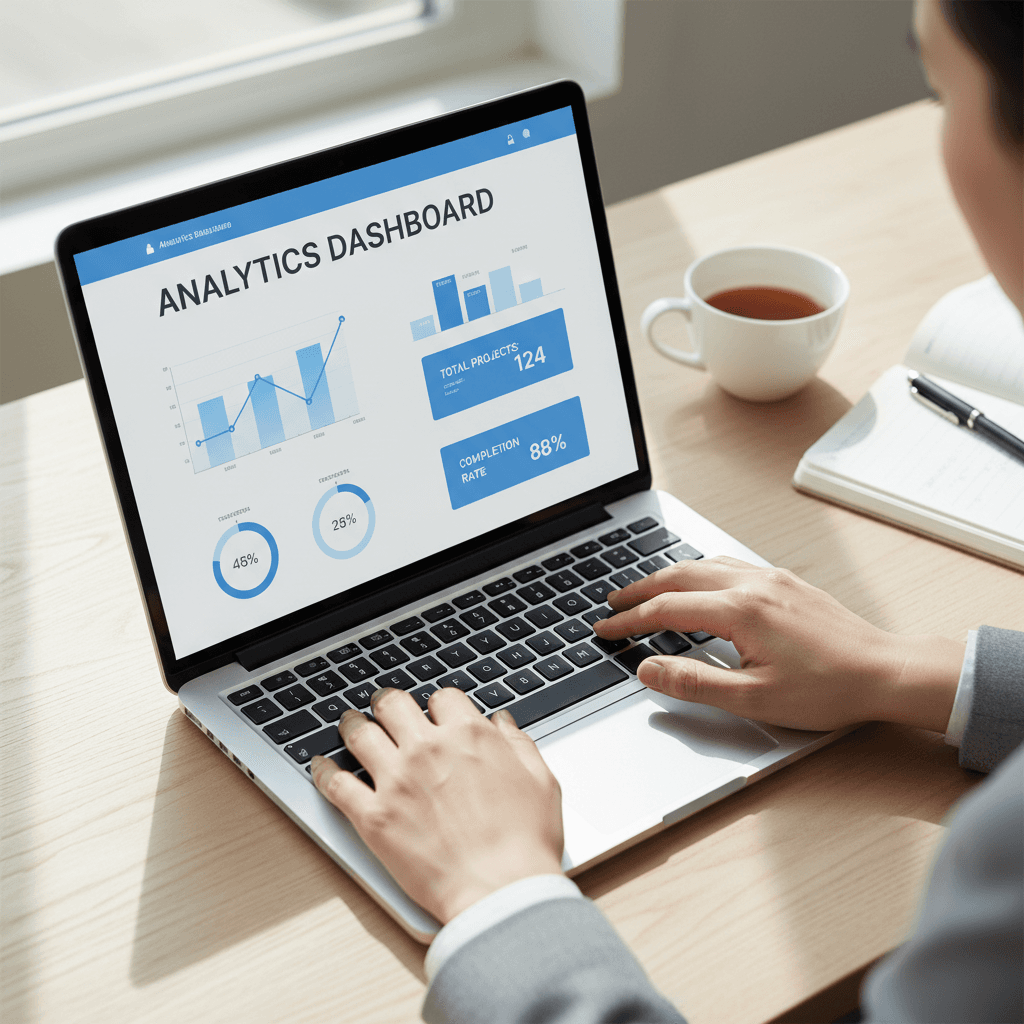 Hands typing on keyboard with AI software interface loading on screen