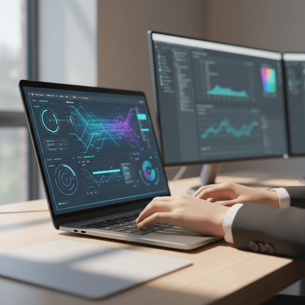 Dual monitor setup running multiple AI software applications simultaneously