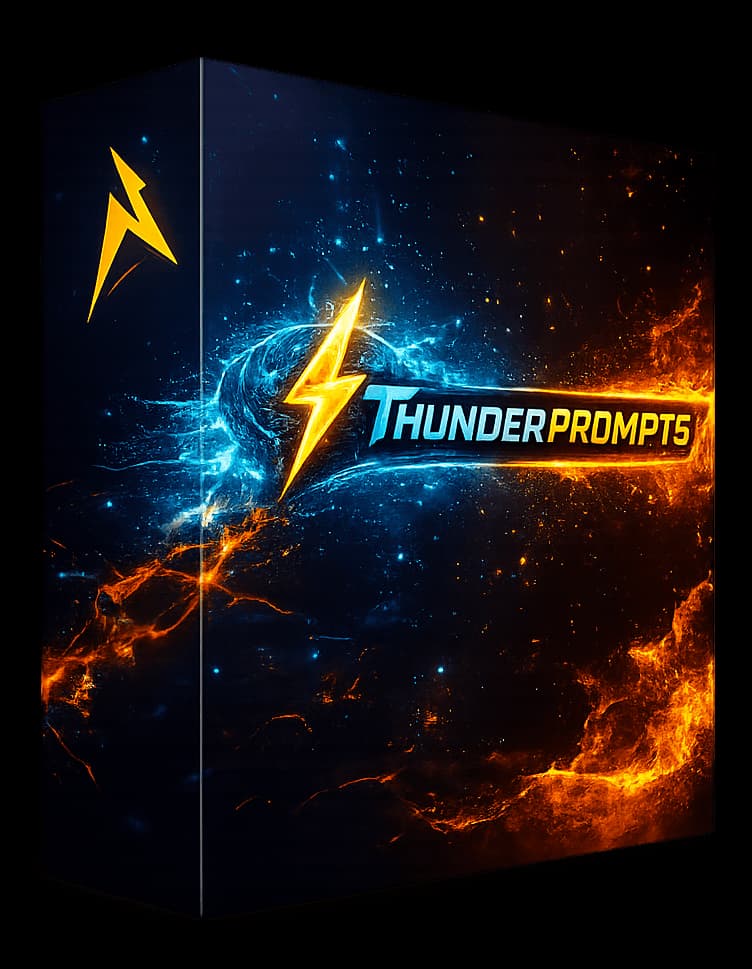 ThunderPrompts software box featuring a lightning bolt logo amidst blue and orange cosmic energy.